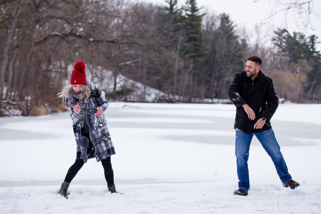 Winter engagement mill pond snow ball fight